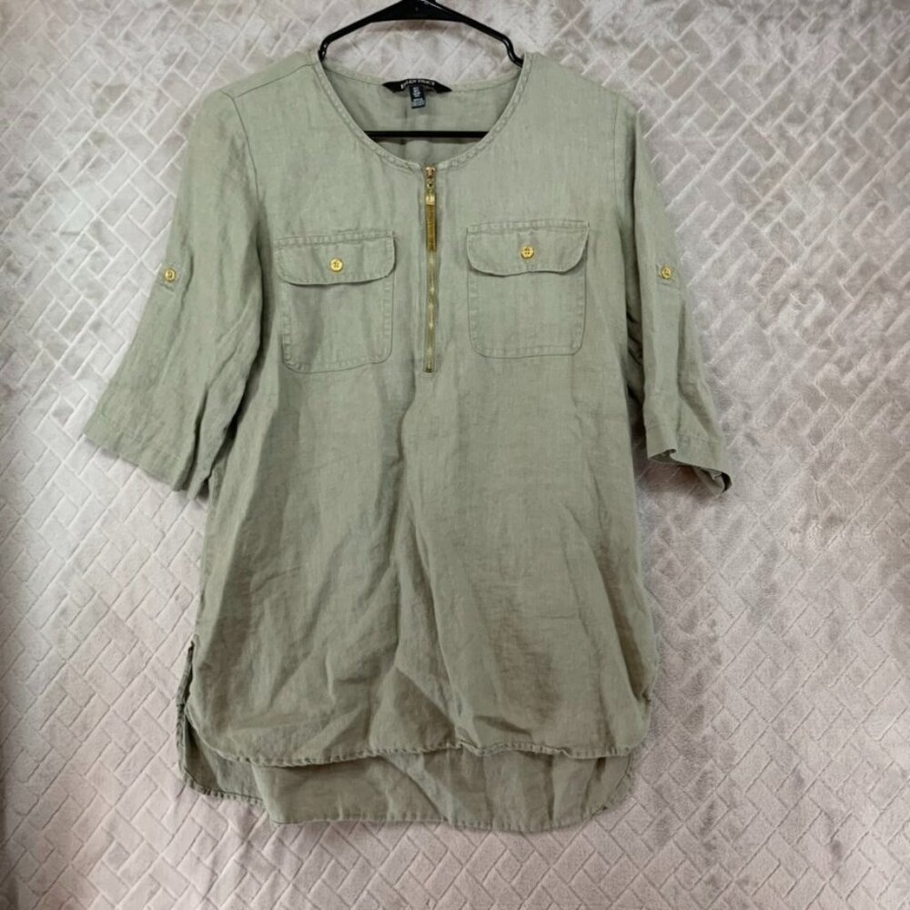 Ellen Tracy Womans Small Shirt Green Linen Tunic Short Sleeve Lagenlook